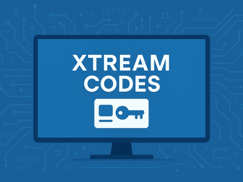 Illustration of IPTV Xtream Codes authentication system with key and screen graphics on a blue tech background.