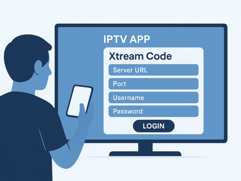 User entering IPTV Xtream Code credentials into a compatible app interface on smart TV or mobile