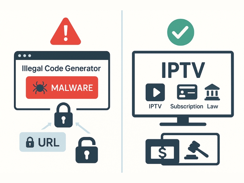 Comparison of illegal Xtream Codes generator risks and legal IPTV access