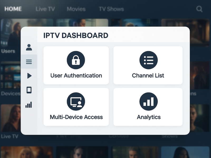 Streaming service backend panel with features like user login, channel guide, analytics dashboard, and multi-device support powered by Xtream Codes API