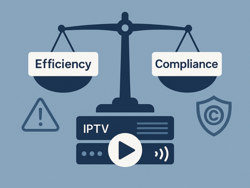 Scales of justice balancing IPTV efficiency and legal compliance, with icons for copyright protection and warning signs around an IPTV server