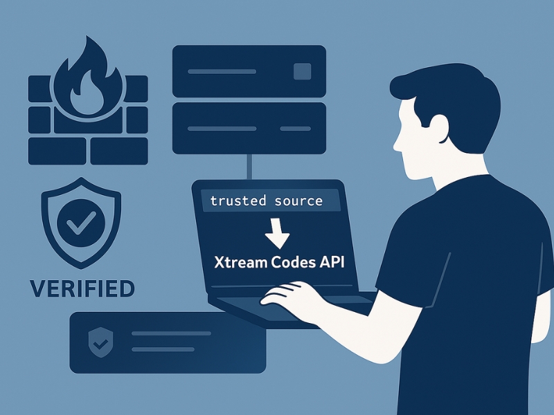 Developer downloading Xtream Codes API securely from a verified source with antivirus and firewall icons in a safe server environment