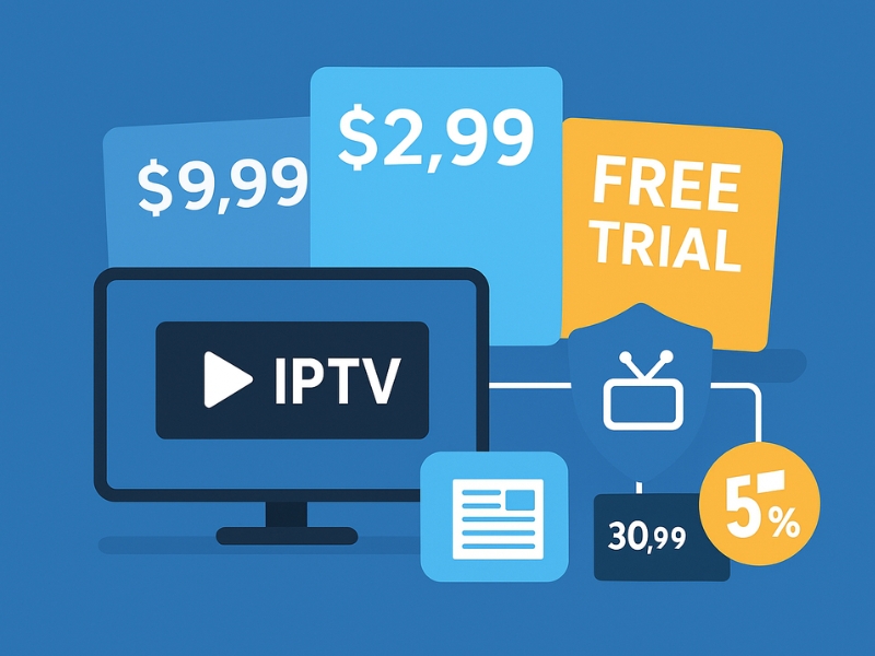 Visual comparison of IPTV Xtream Code subscription options including free trials and paid tiers