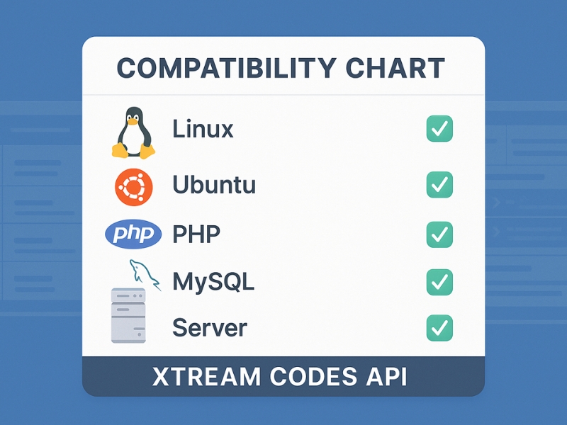 Compatibility chart showing operating systems, PHP versions, and server specs needed for installing Xtream Codes API, with checklist and technology icons