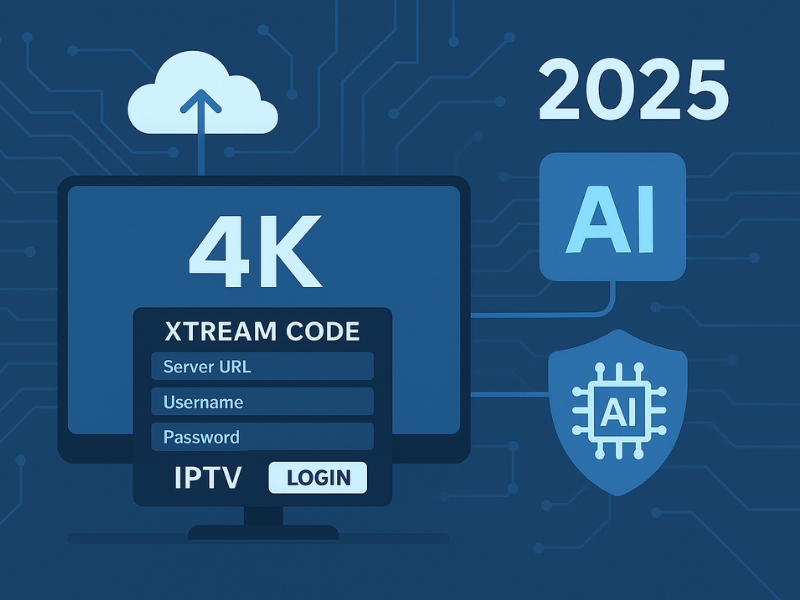 Futuristic IPTV setup showing Xtream Codes integrated with AI, 4K streaming, and cloud management in 2025