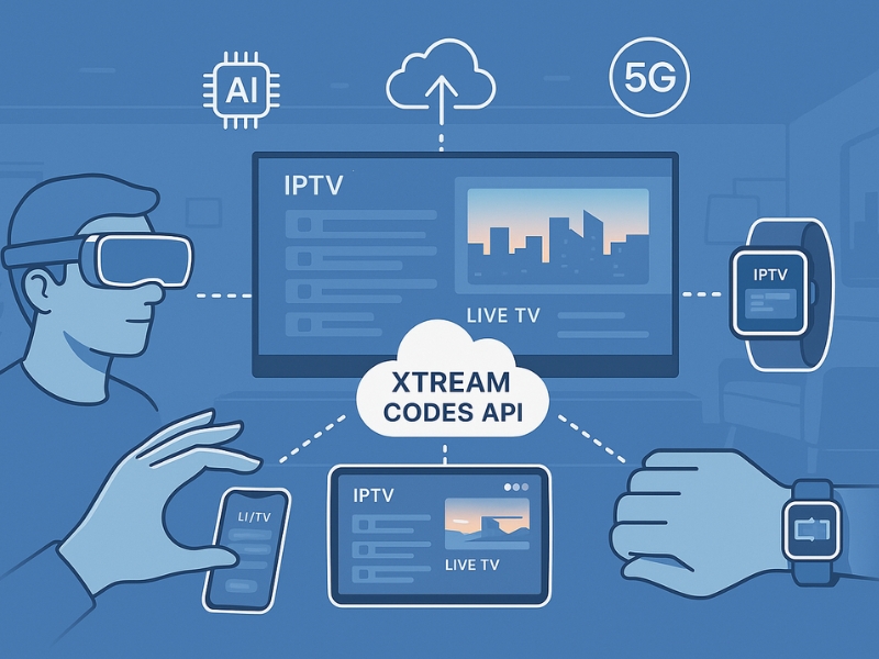 Futuristic IPTV setup using Xtream Codes API across AR glasses, smart TVs, and smartphones with icons for 5G, cloud streaming, and AI enhancements