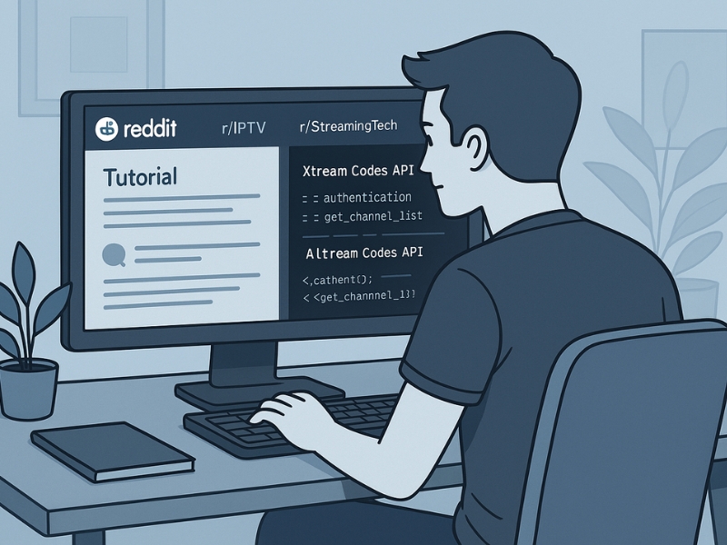 User browsing Reddit IPTV forums on a desktop, reading Xtream Codes API tutorials and community posts, with code snippets and help threads visible