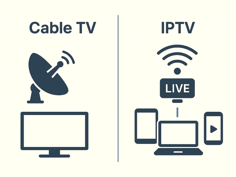 Visual comparison of traditional cable TV and internet-based IPTV services