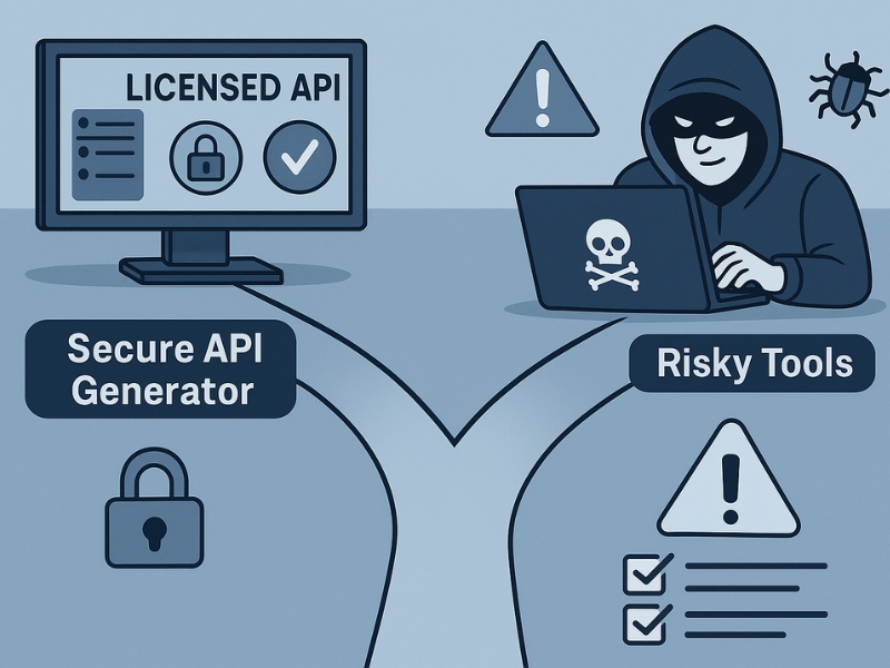 Two diverging paths showing secure API key generation through licensed platforms versus illegal generators with malware and piracy risks