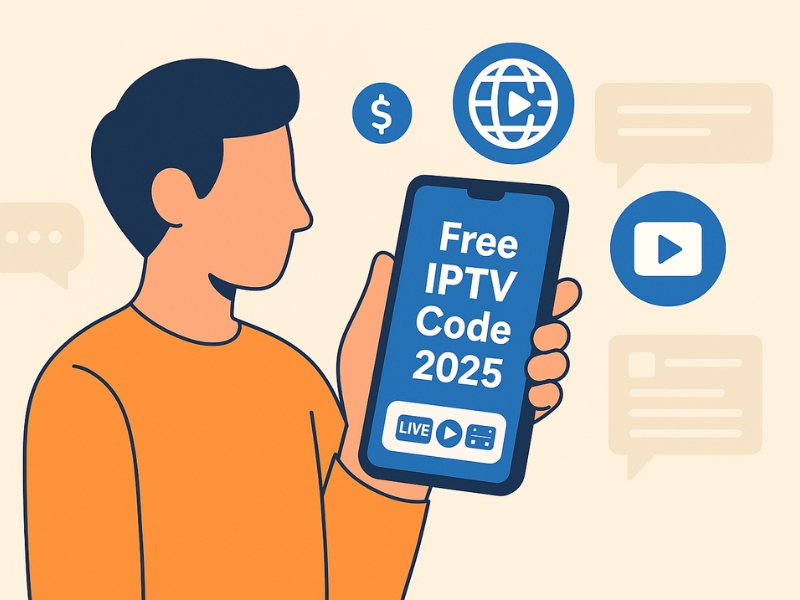 User using a free Xtream IPTV code with icons for savings, channels, and streaming platforms