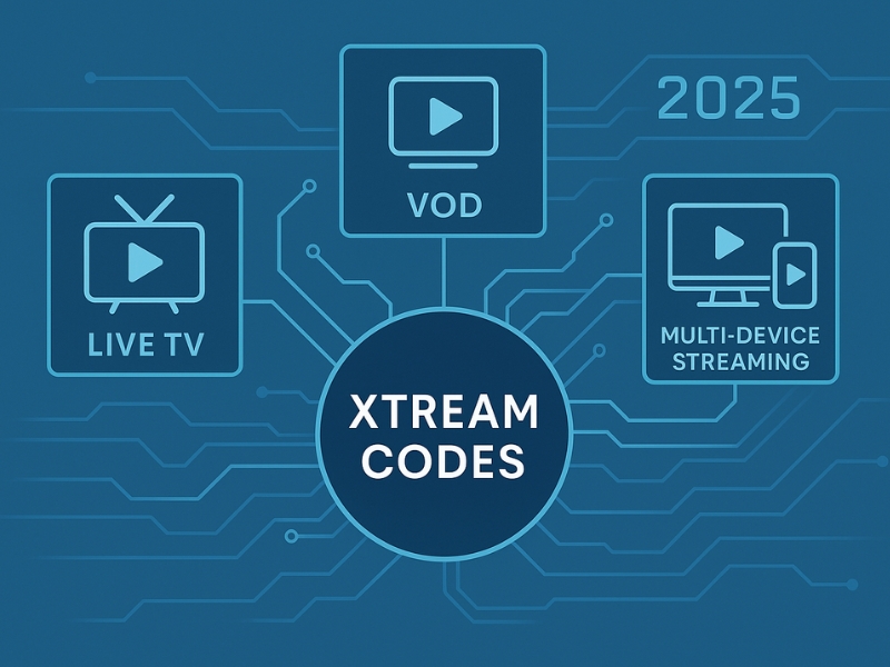 Futuristic illustration of Xtream Codes managing IPTV content across multiple devices