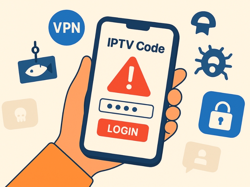 Security risks when using unverified IPTV codes, with warnings for malware and data theft