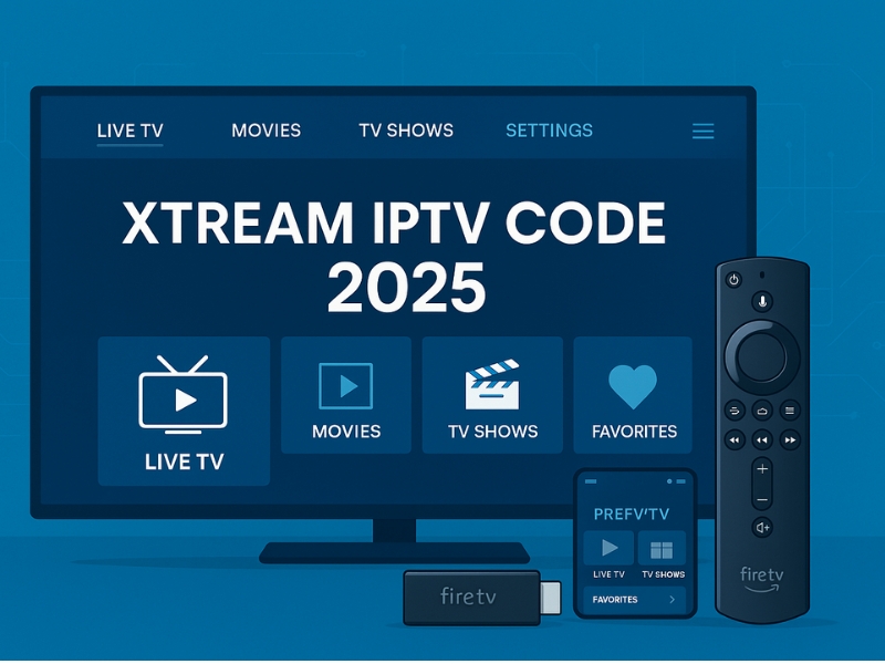 Xtream IPTV Code 2025 streaming on smart TV and Firestick with modern interface